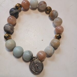 Saint Benedict Pax Protection Amazonite Stone Round Beaded 6” Stretch Bracelet